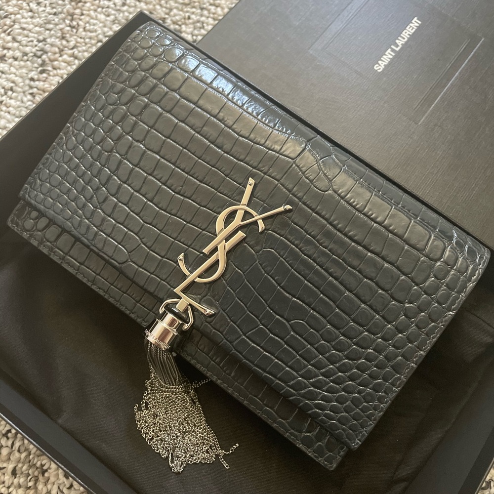 Saint Laurent YSL Grey Croc Kate Tassel Chain Wallet Bag